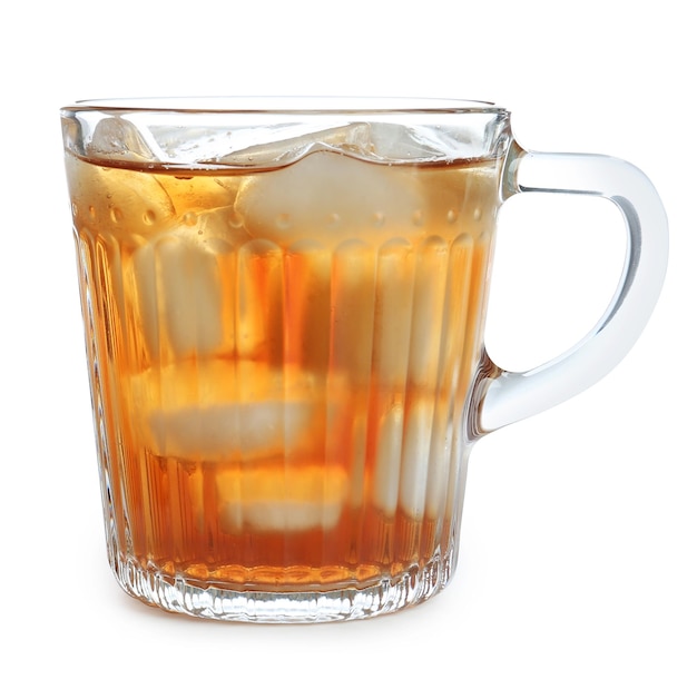 Cup of refreshing iced tea on white background