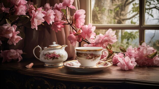 Cup and saucer on table with pink flowers