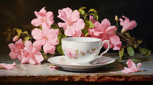 Cup and saucer on table with pink flowers