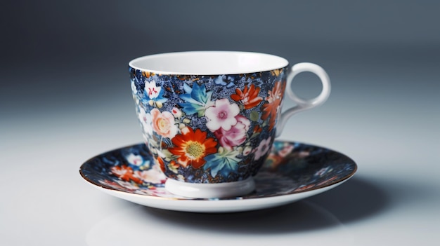 A cup and saucer with a floral pattern and a saucer with a saucer on it.