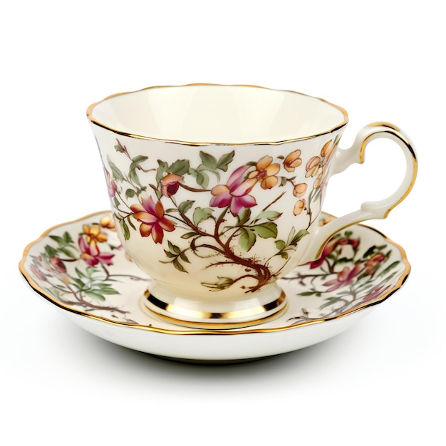 Cup and saucer with floral pattern on a white background