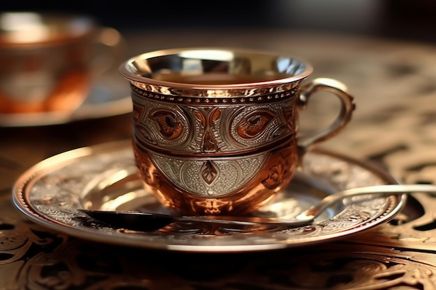 A cup on a saucer with a silver rim and a silver spoon on it.