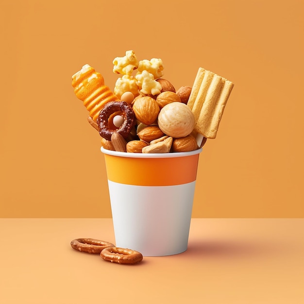 A cup of snacks with a white and orange background