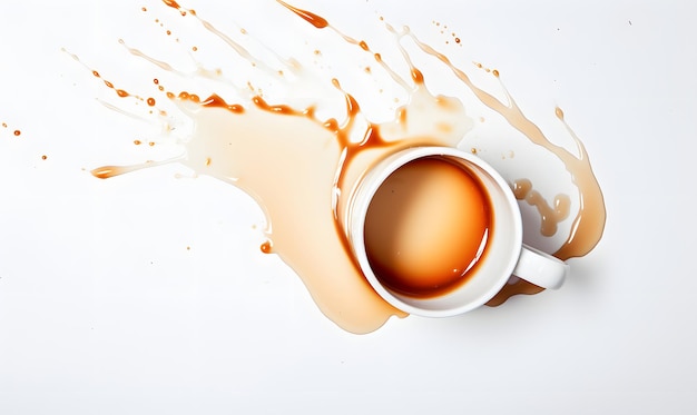 a cup of spilled coffee on a white background