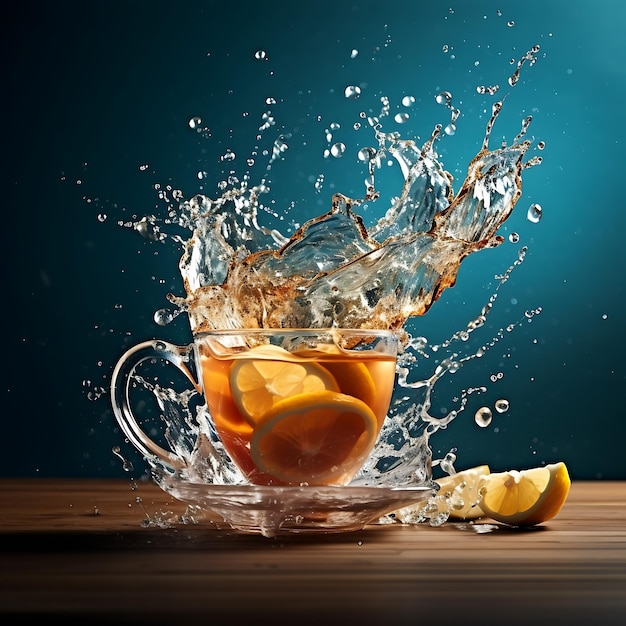 cup of splashing tea isolated on colorful background