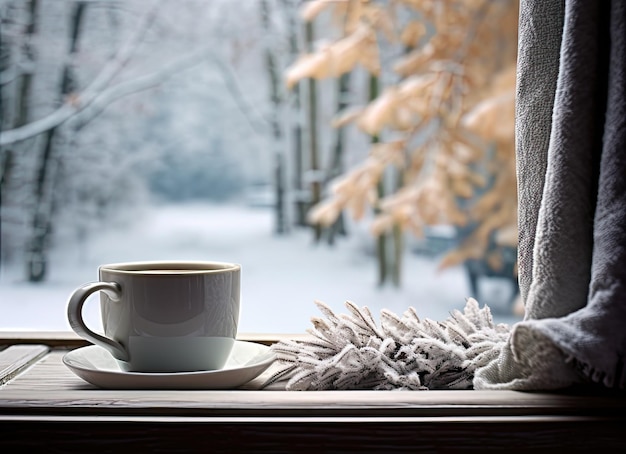 a cup of steaming hot coffee is nestled beside a soft inviting plaid on the vintage windowsill