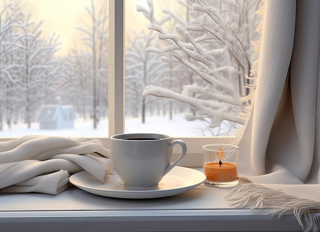 a cup of steaming hot coffee is nestled beside a soft inviting plaid on the vintage windowsill