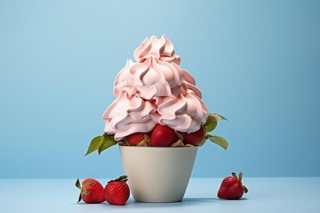 Photo a cup of strawberries with a pink and white frosting