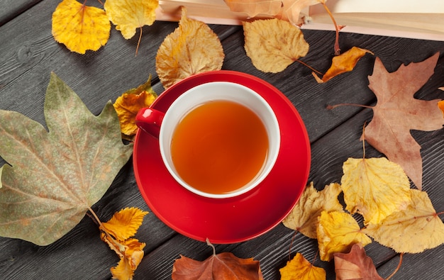 Cup of tea and autumn leaves on the table