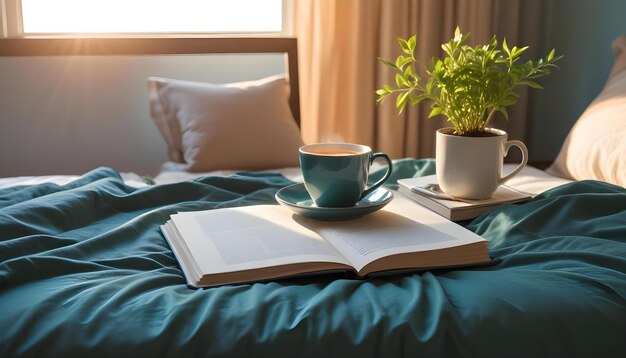 a cup of tea and a book on a bed