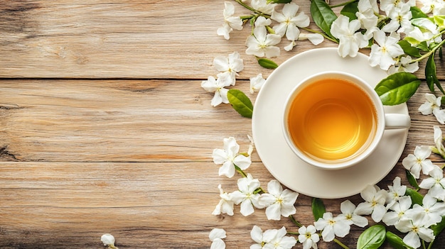 a cup of tea and a branch of white flowers on a wooden background