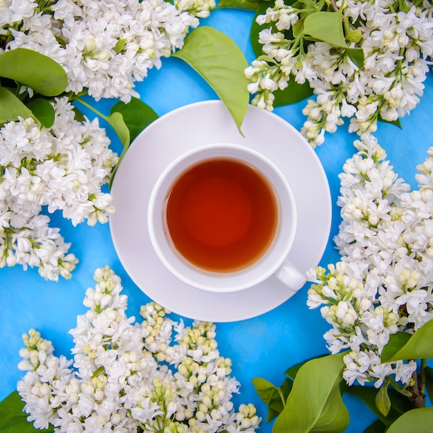 A Cup of tea and branches of persian terry white lilac on a blue background top view