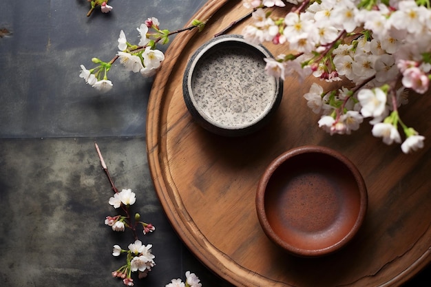 Cup of tea and cherry blossom on wooden table top view