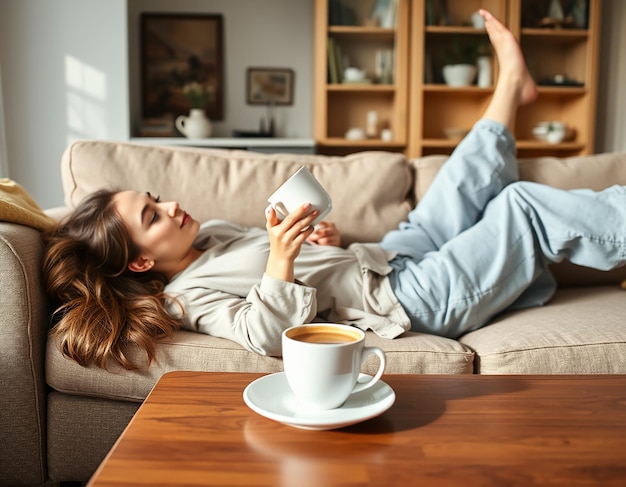 Cup of tea and chill Woman lying on couch holding legs on coffee table drinking hot coffee and enjoying morning being in dreamy and relaxed mood Girl in oversized shirt takes break at home