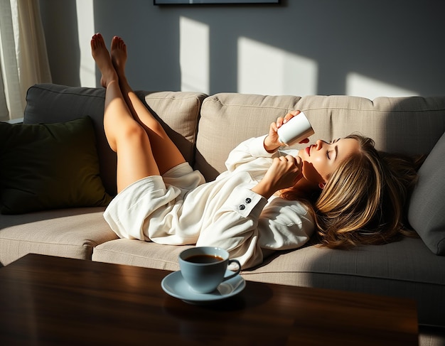 Photo cup of tea and chill woman lying on couch holding legs on coffee table drinking hot coffee and enjoying morning being in dreamy and relaxed mood girl in oversized shirt takes break at home