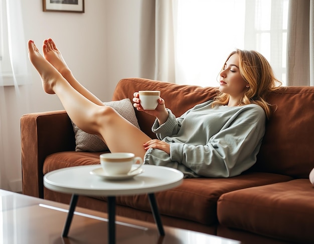 Cup of tea and chill Woman lying on couch holding legs on coffee table drinking hot coffee and enjoying morning being in dreamy and relaxed mood Girl in oversized shirt takes break at home