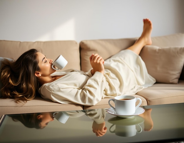 Cup of tea and chill Woman lying on couch holding legs on coffee table drinking hot coffee and enjoying morning being in dreamy and relaxed mood Girl in oversized shirt takes break at home