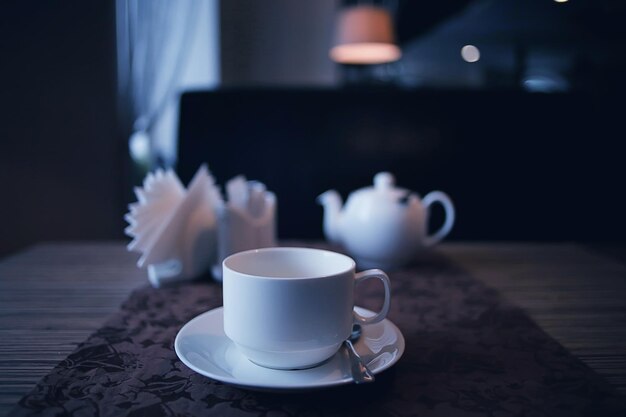 cup of tea or coffee in a cafe serving breakfast table