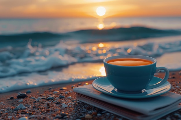 Photo a cup tea or coffee on sand beach in front of the sea professional photography