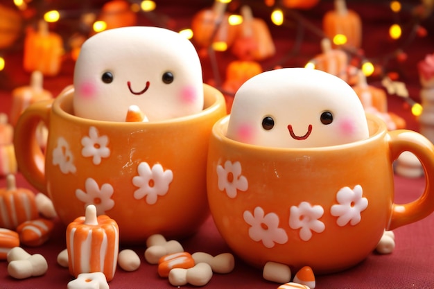 Cup of tea or coffee with cute snowman and candies