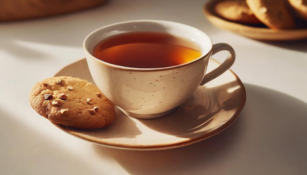 Cup of tea and cookie on plate Morning drink and food