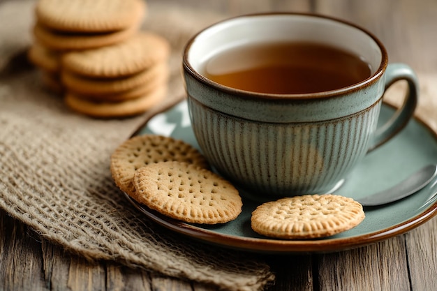 a cup of tea and cookies on a plate with a cup of tea