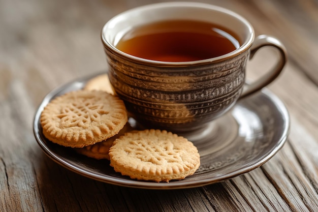 a cup of tea and cookies on a plate with a cup of tea