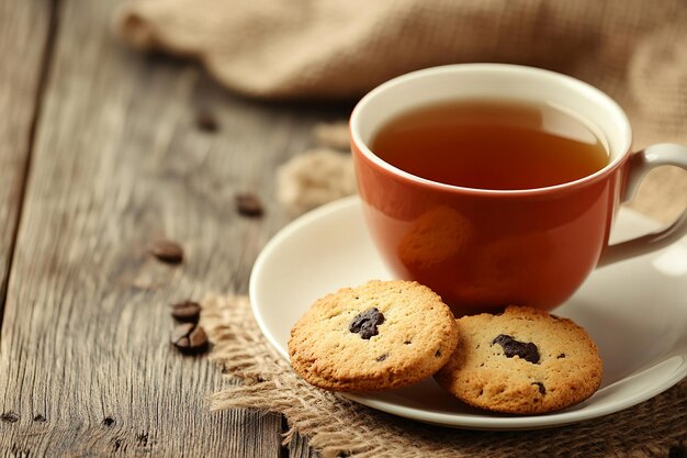 Photo a cup of tea and cookies on a wooden table