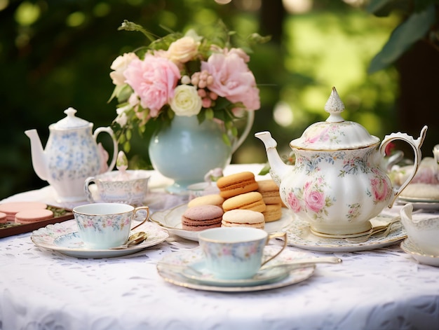 Cup of tea and cup cakes on a table in the garden