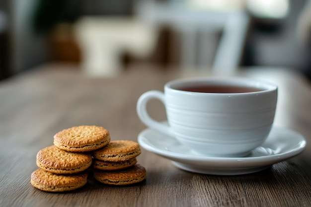 a cup of tea next to a cup of tea and cookies