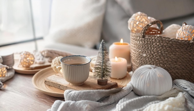 Photo a cup of tea and a cup of tea on a wooden tray with a christmas tree on it