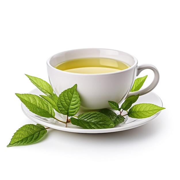 Cup of tea and green leaves isolated on white