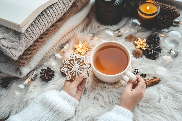 Cup of tea in hands aesthetic winter photo