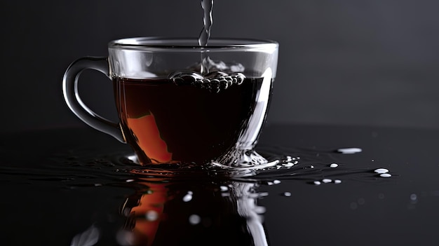 A cup of tea is poured into a glass.