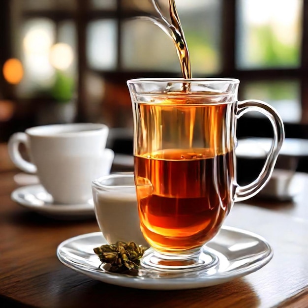 a cup of tea is pouring into a cup of tea