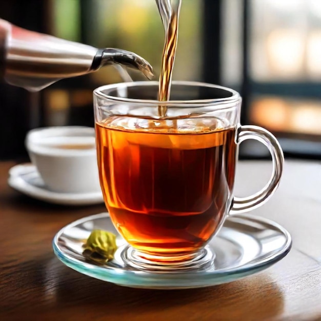 a cup of tea is pouring into a cup of tea