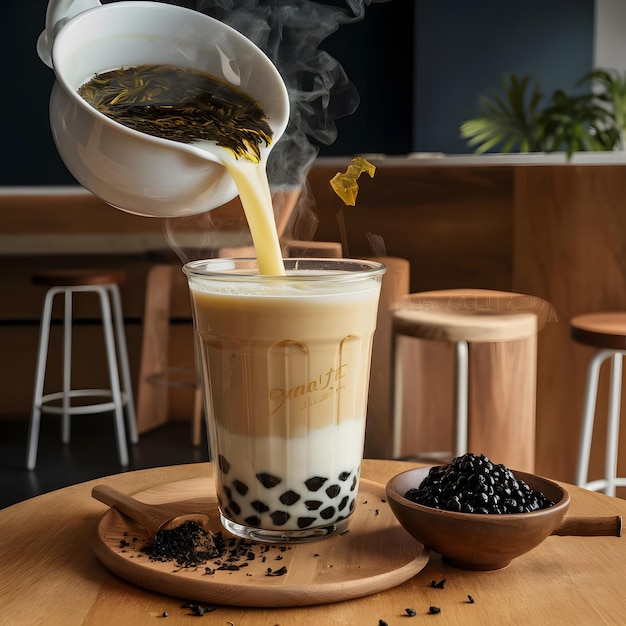 a cup of tea is pouring into a glass with the word tea on it Generative AI