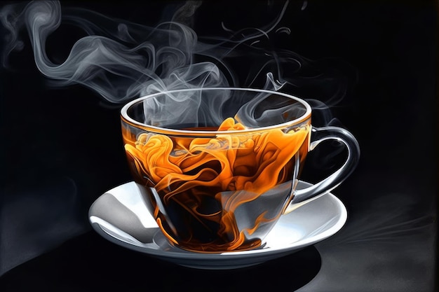 A cup of tea is on a saucer with smoke coming out of it.