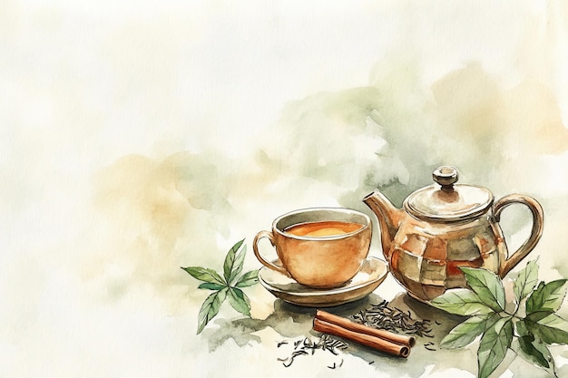 A cup of tea is served in a teapot with a cinnamon stick