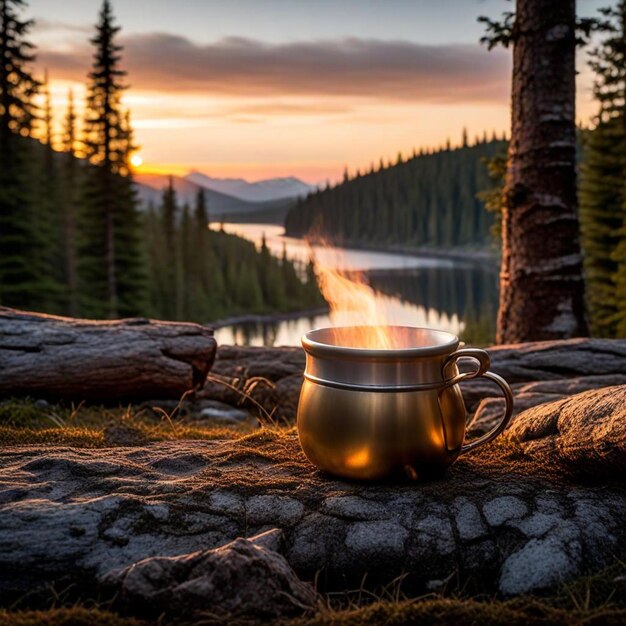 Photo a cup of tea is sitting on a log in front of a lake