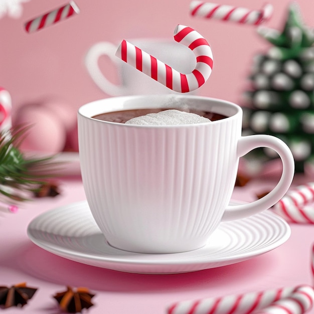 a cup of tea is sitting on a plate with candy canes on it