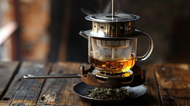 a cup of tea is on a tray with a spoon