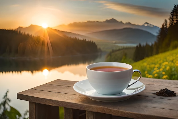 a cup of tea and a lake in the background