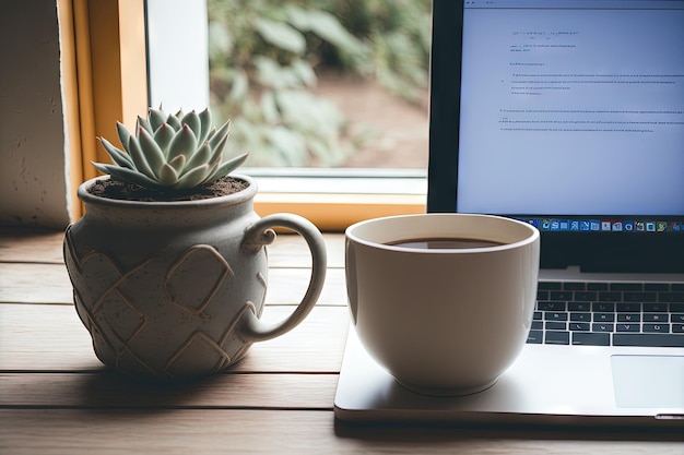 Cup of tea laptop with blank screen books and succulent on wooden window sill Space for text