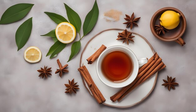 a cup of tea and a lemon on a plate with cinnamon sticks