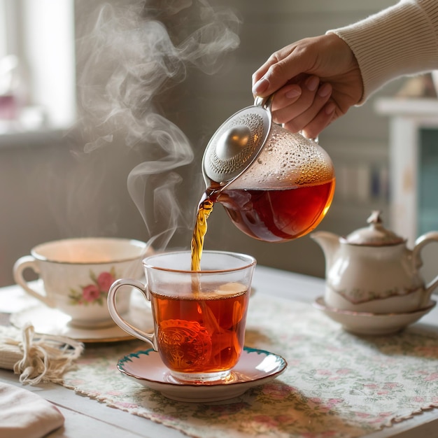 Photo a cup of tea on low light