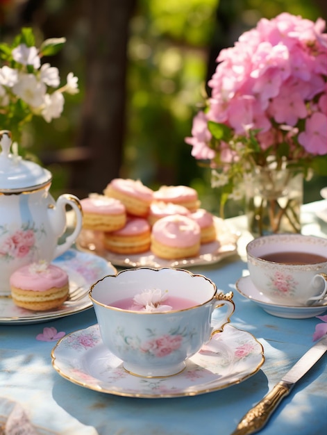 Cup of tea and macarons on a table in the garden