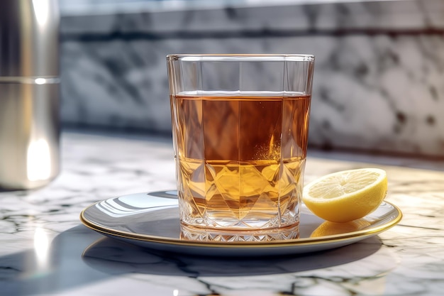 A cup of tea on a marble countertop