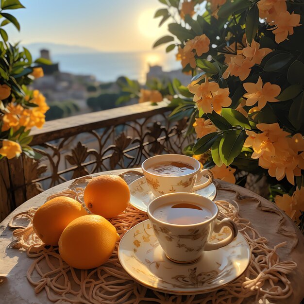 a cup of tea and oranges are on a table with a cup of tea