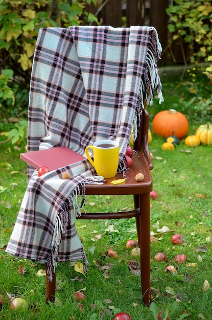 Cup of tea a plaid and a book on a chair relaxing in the garden